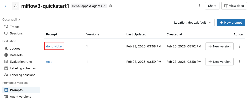 Prompt name in table.