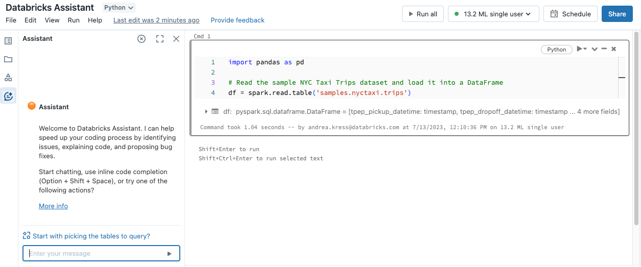 Databricks assistant icon and panel location.