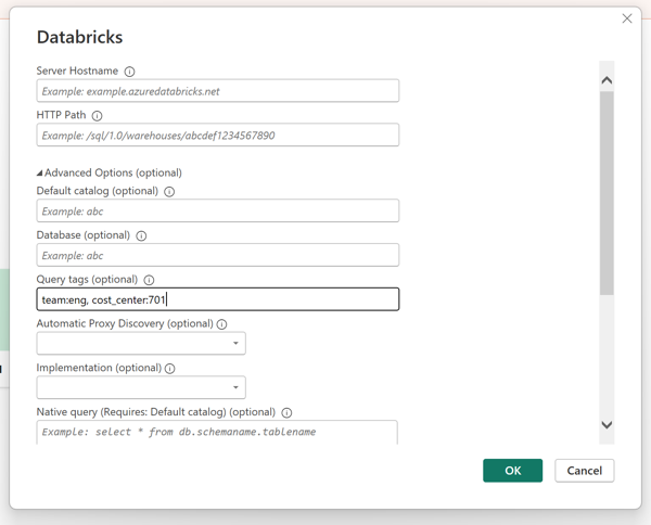 Databricks settings dialog in Power BI.
