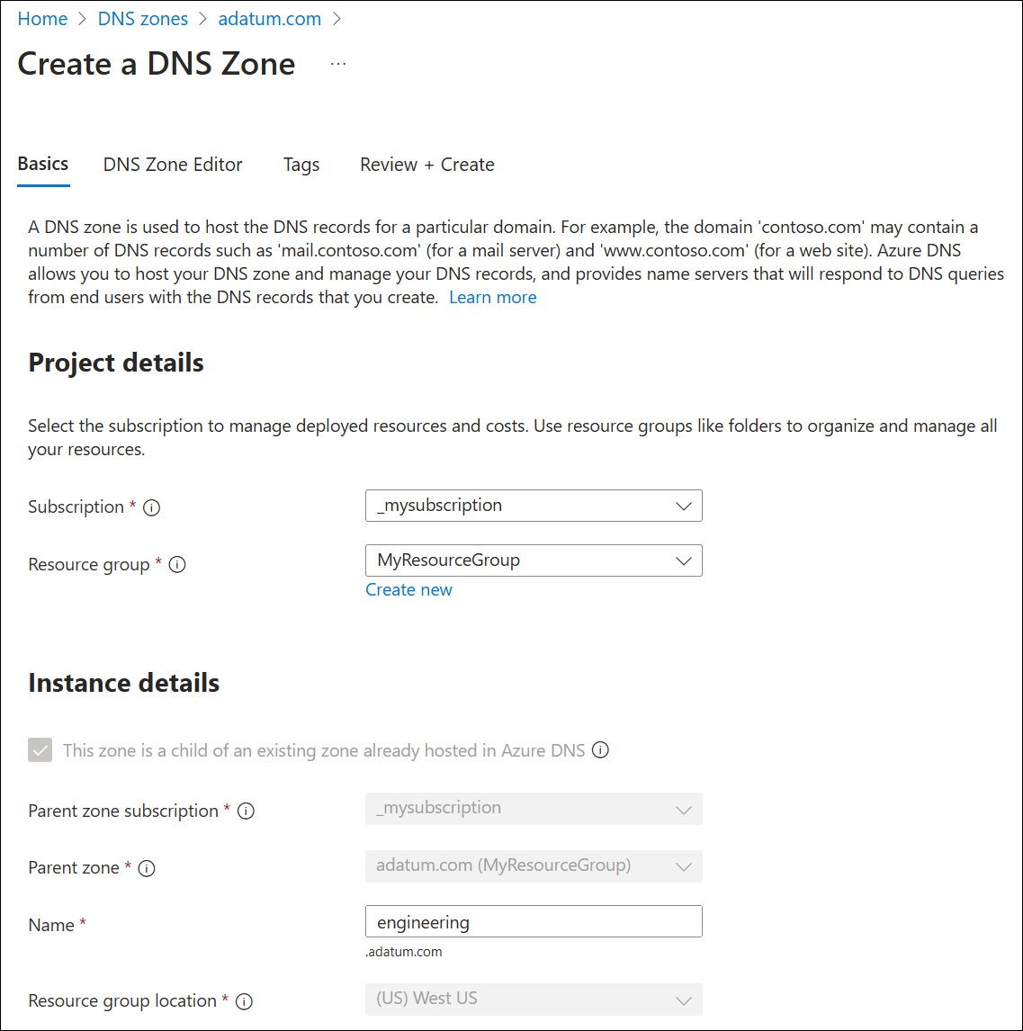 A screenshot showing creation of a child DNS zone.