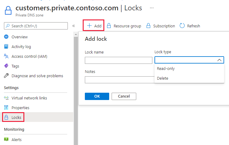 Screenshot of locks for private DNS zone.
