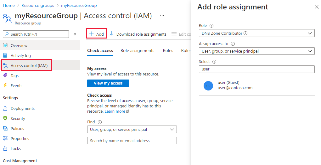 Screenshot of access control page for resource group.