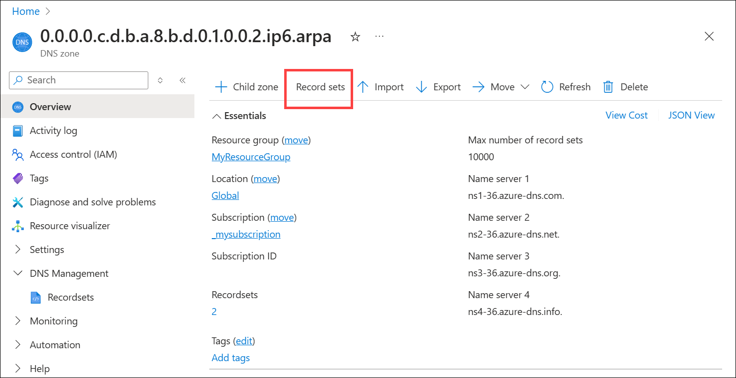 Screenshot of create IPv6 pointer record set.