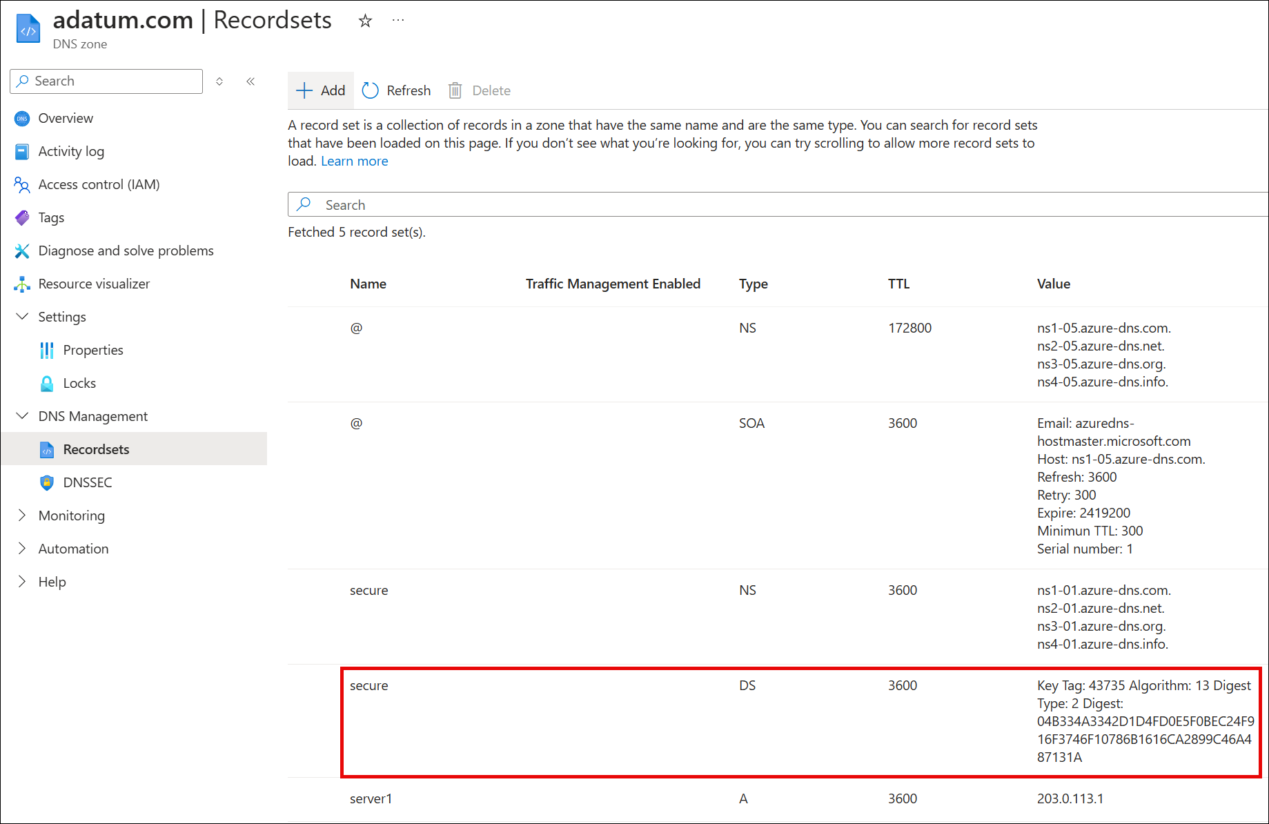 Screenshot of a DS record in the parent zone.