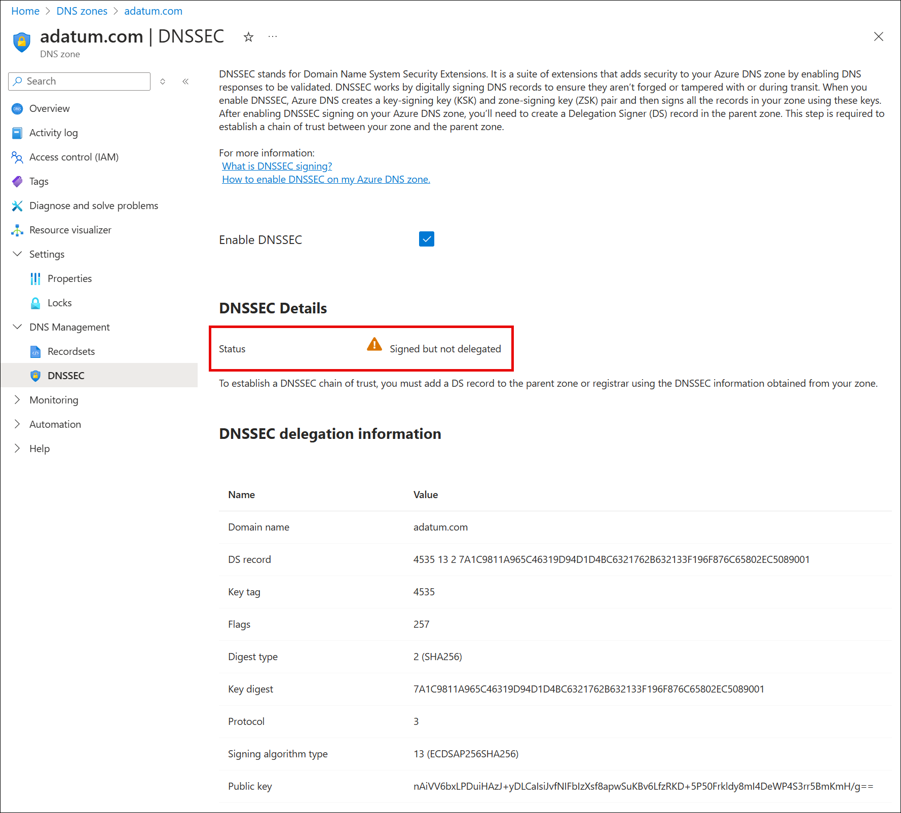 Screenshot of a signed zone with DS record missing.