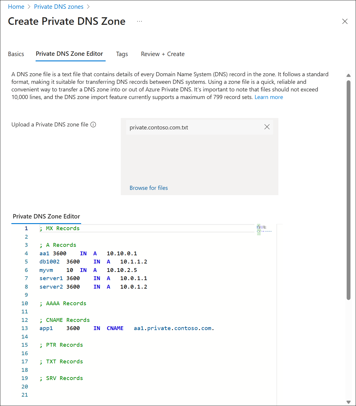 Screenshot showing the private.contoso.com zone displayed in the DNS Zone Editor.