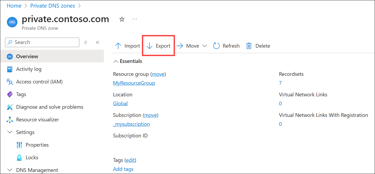 Screenshot showing the private.contoso.com zone is ready to export.