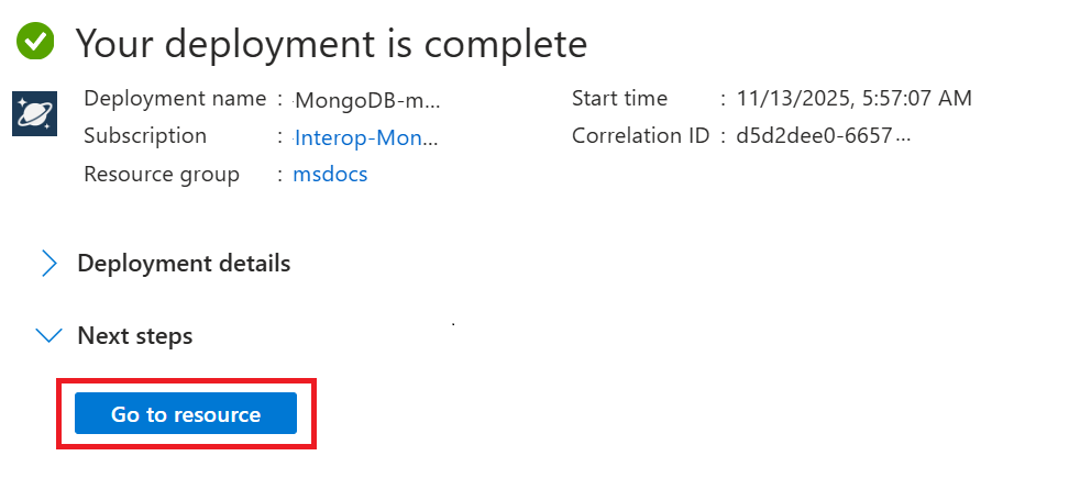 Screenshot of the deployment completion step with an option to navigate to the new Azure DocumentDB cluster.