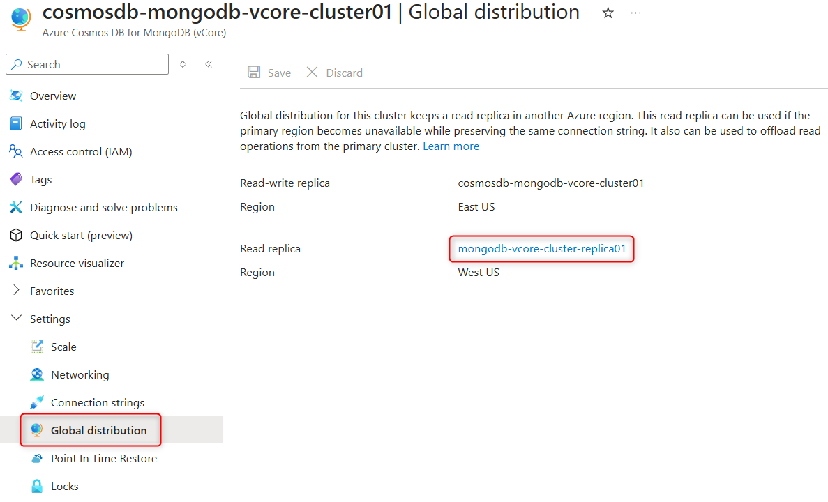 Screenshot of the cluster Multiple-regional distribution page with a link to replica cluster in Azure portal.