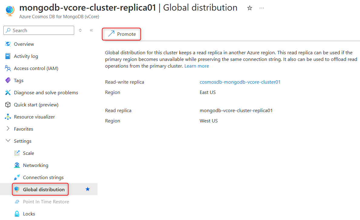 Screenshot of the replica cluster properties with Multiple-regional distribution page open and Promote button highlighted in Azure portal.