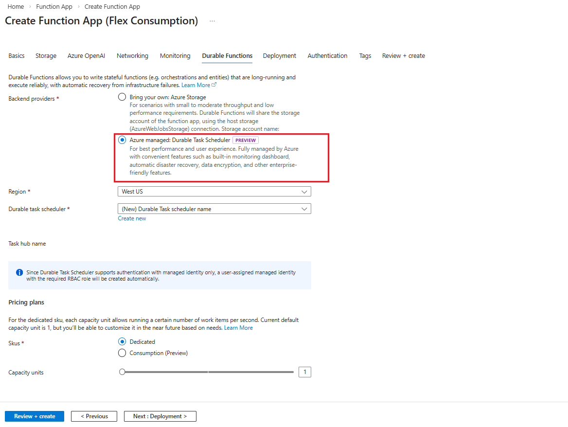 Screenshot of creating a Consumption Function app.