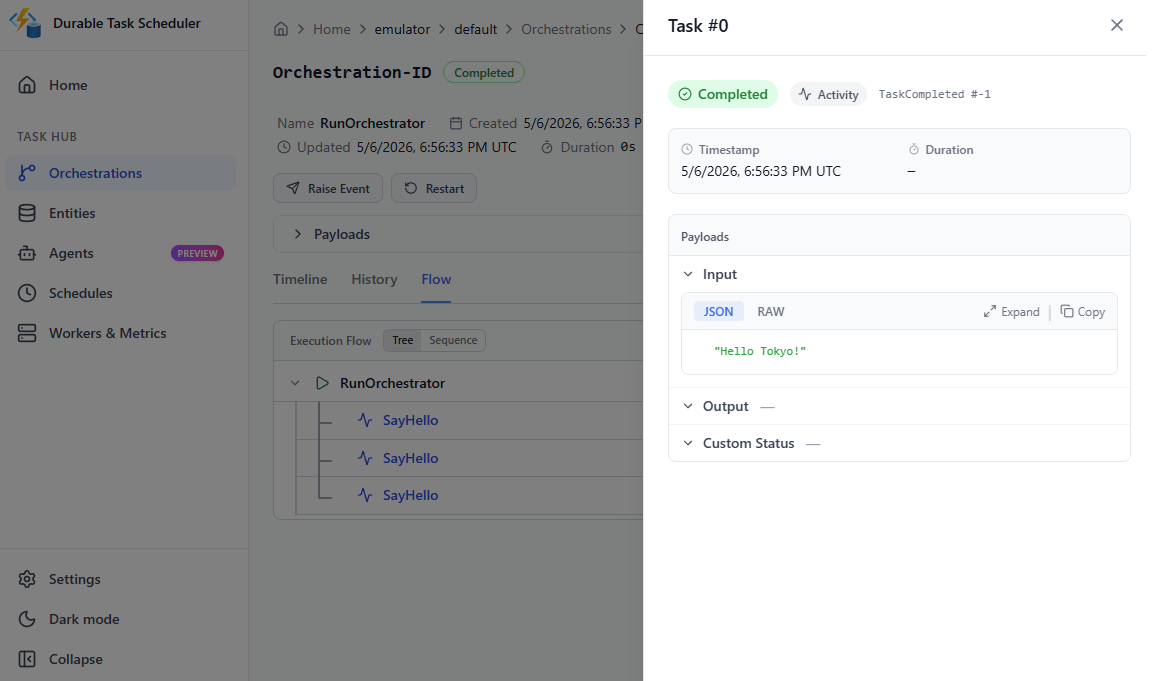 Screenshot of the pane where you can view an activity's input, output, and status via the flow view.