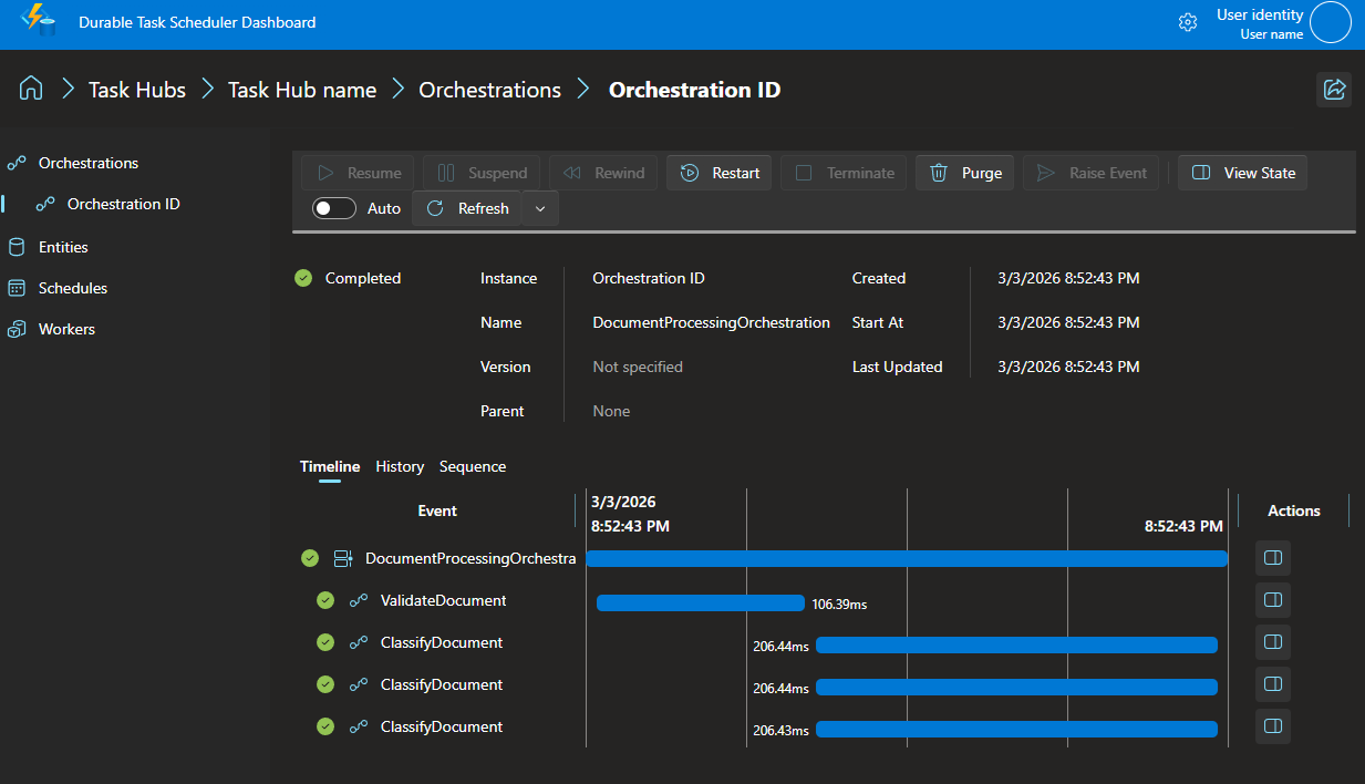 Screenshot of the Durable Task Scheduler dashboard showing orchestration instance execution details.