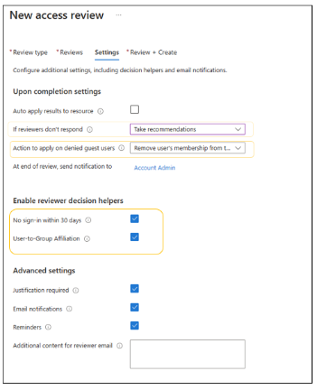 Screenshot of the New access review dialog and the Settings tab.