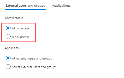 Screenshot showing selecting the user access status for B2B collaboration.