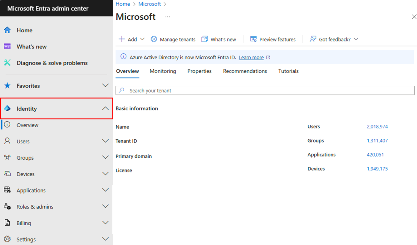 Screenshot of the Microsoft Entra admin center Identity menu.