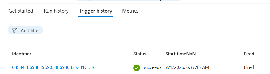 Screenshot of the logic app trigger history.
