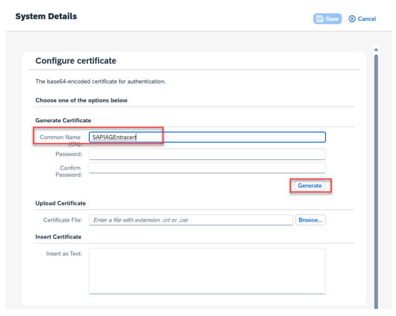 Screenshot of uploading a p12 certificate in SAP.