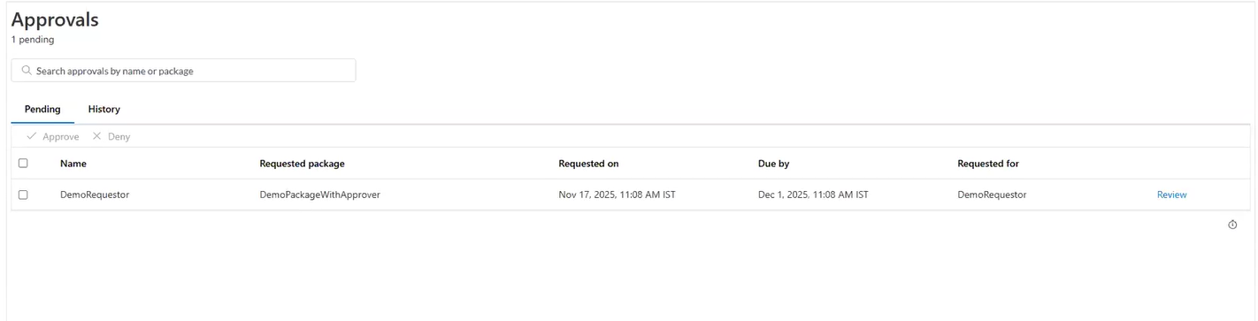 Screenshot of the Approvals page in ServiceNow showing an access package request assigned to an approver.