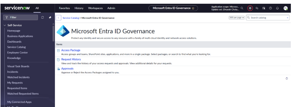 Screenshot of the Microsoft Entra ID Governance application in ServiceNow showing Access Package, Request History, and Approvals.