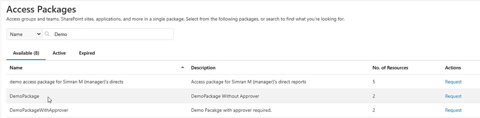 Screenshot of the Access Packages page in ServiceNow showing available packages that a user can request.