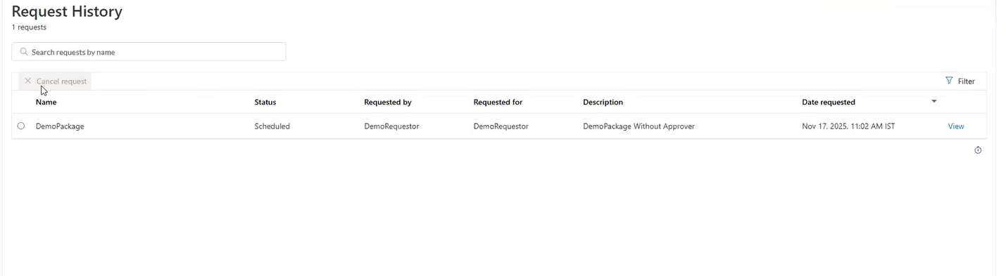 Screenshot of the Request History page in ServiceNow showing a submitted access package request and its status.