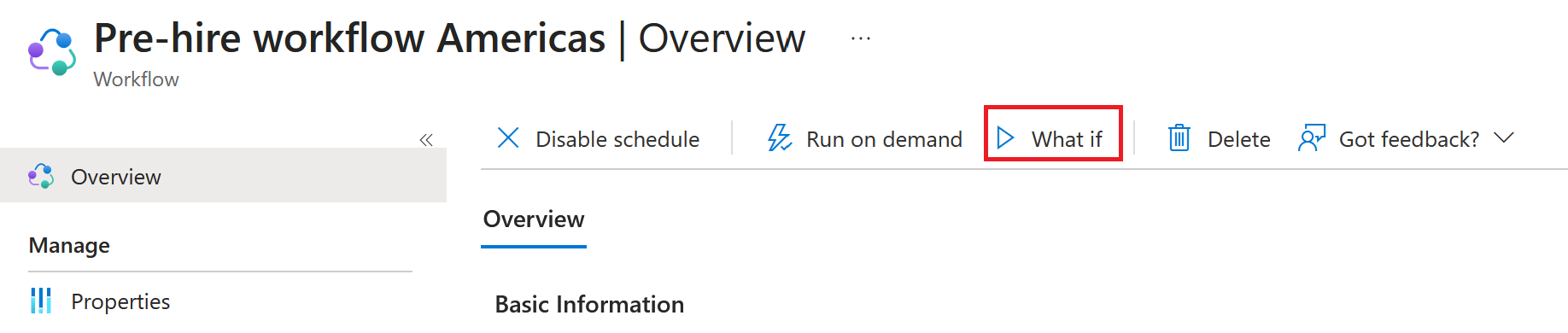 Screenshot of the What if tool on a workflow overview page.