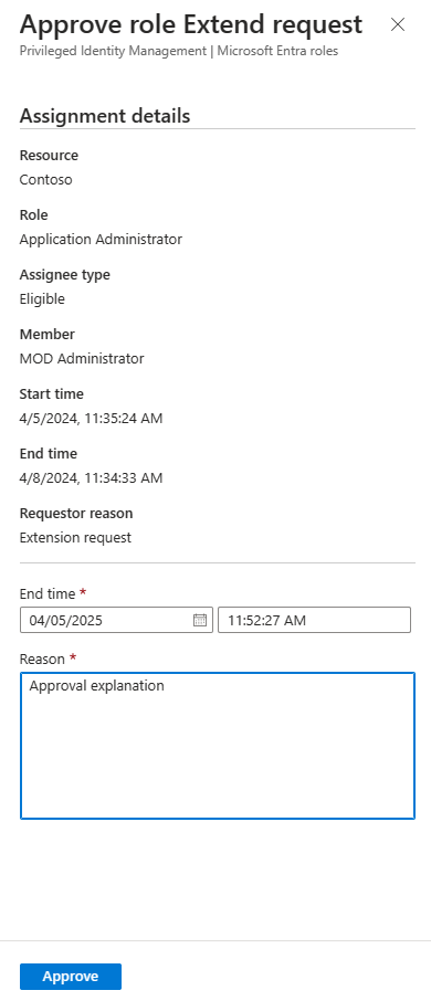 Screenshot showing the Approve role assignment request with requestor reason, assignment type, start time, end time, and reason.