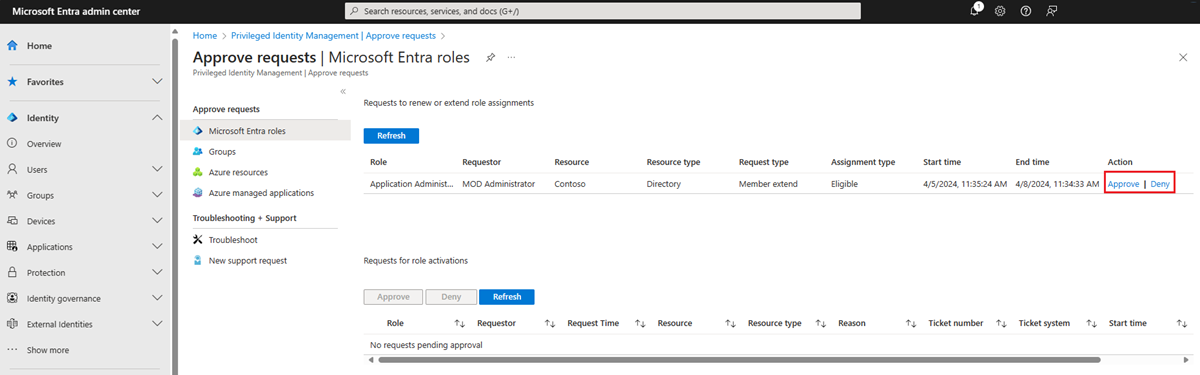 Screenshot showing Microsoft Entra roles - Approve requests page listing requests and links to approve or deny.
