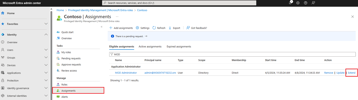 Screenshot showing Microsoft Entra roles - Assignments page listing eligible roles with links to extend.