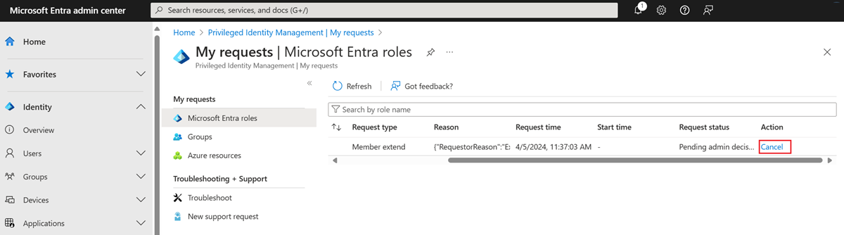 Screenshot showing Microsoft Entra roles - Pending requests page listing any pending requested and a link to Cancel.
