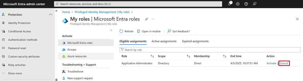 Microsoft Entra roles - My roles page listing eligible roles with an Action column.