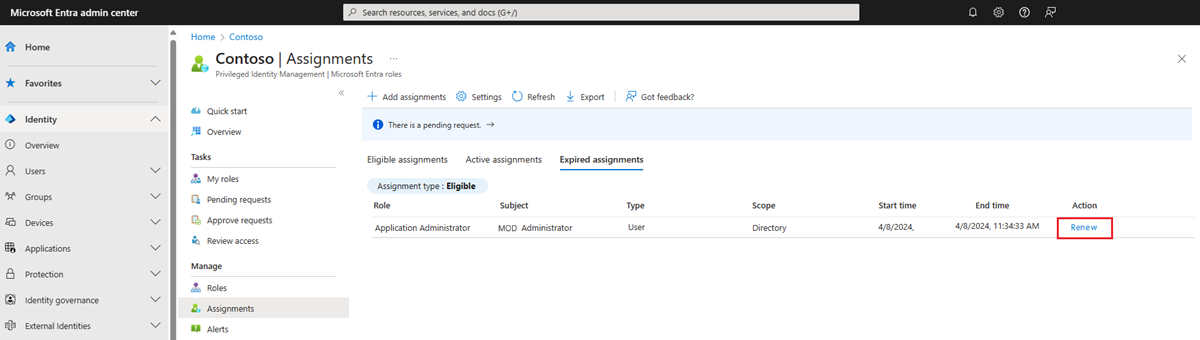 Screenshot of the Microsoft Entra roles - Assignments page listing expired roles with links to renew.
