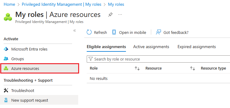 Screenshot of my roles - Azure resource roles page.