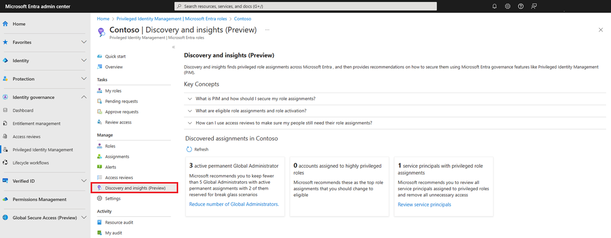 Screenshot that shows the Discovery and insights (Preview) with the Reduce Global Administrators action selected.