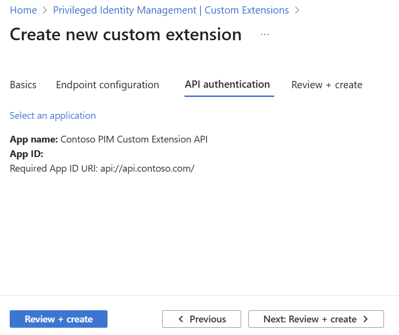 Screenshot of creating custom extension API authentication.