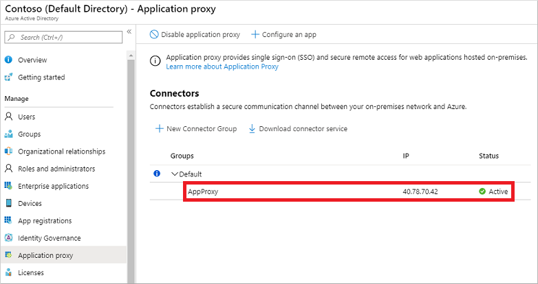 The new Microsoft Entra private network connector shown as active in the Microsoft Entra admin center.