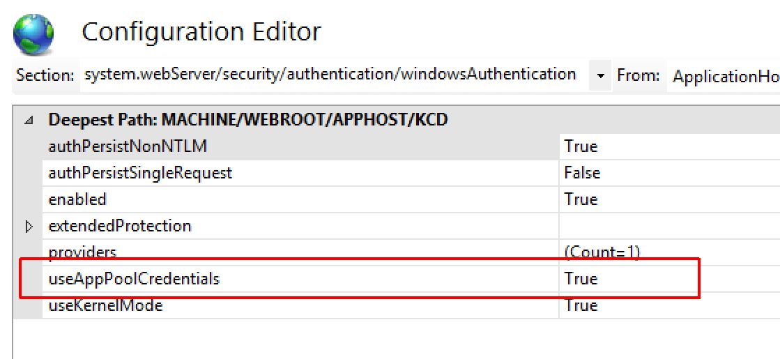 Screenshot that shows the IIS configuration app pools credential option.