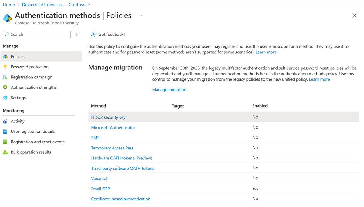 Screenshot of the Policies page for authentication methods.