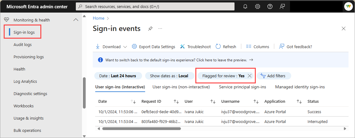 Screenshot of the Microsoft Entra ID sign-in logs with the Flagged for review filter selected.