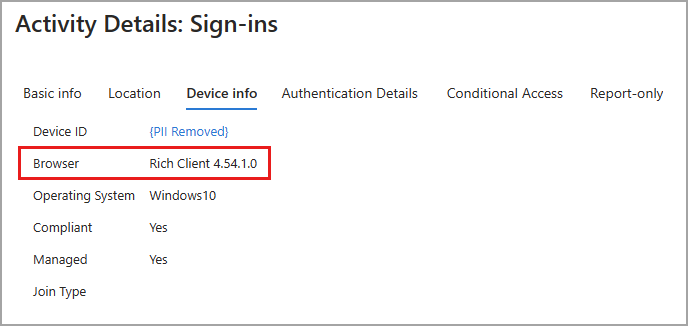 Screenshot of the sign-in activity details with a Rich Client browser example highlighted.