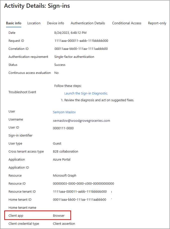 Screenshot of the sign-in details, with the client app detail highlighted.