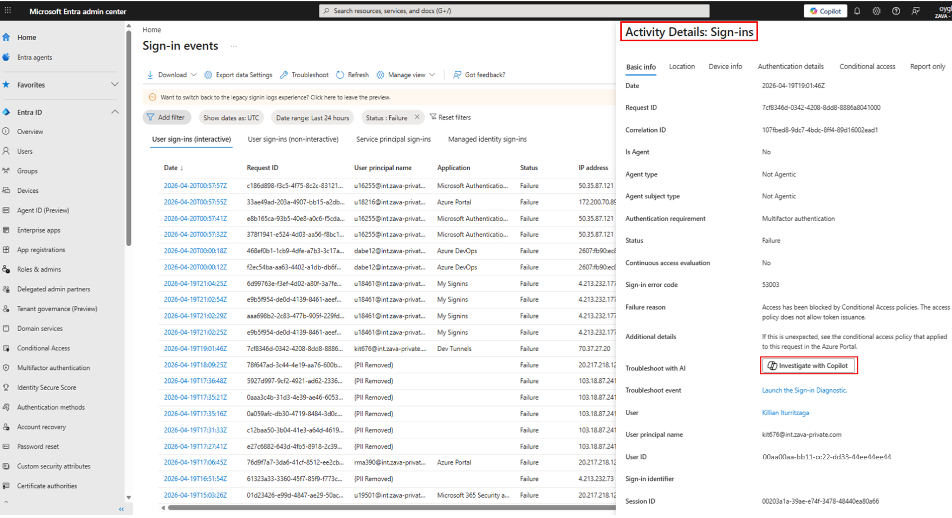 Screenshot showing the Investigate with Copilot button in the Activity Details pane of a sign-in event.