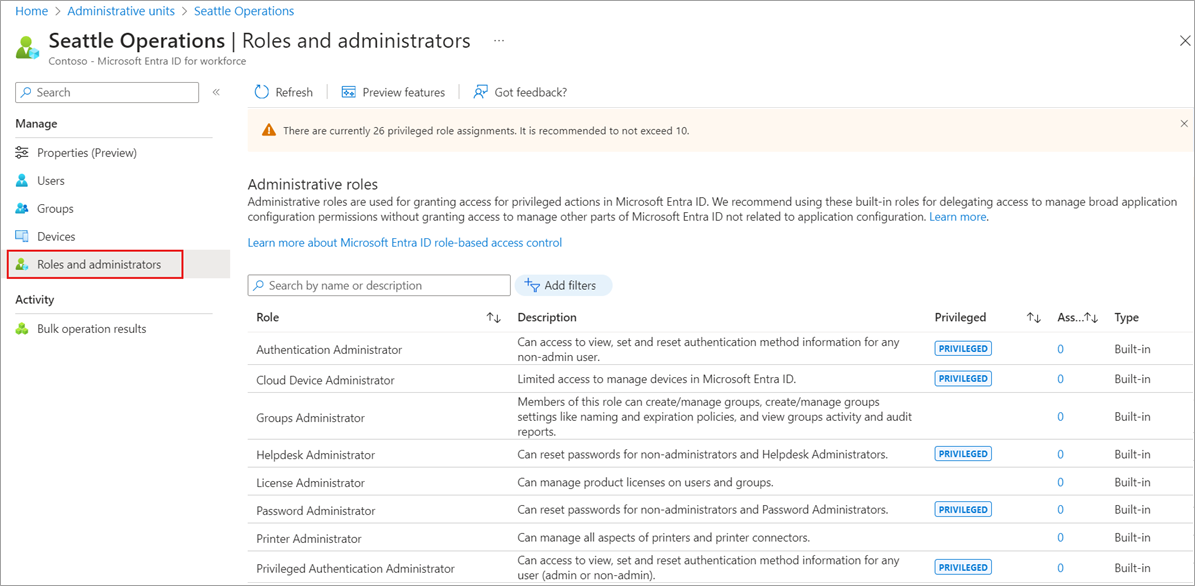 Roles and administrators menu under administrative Units in Microsoft Entra ID.