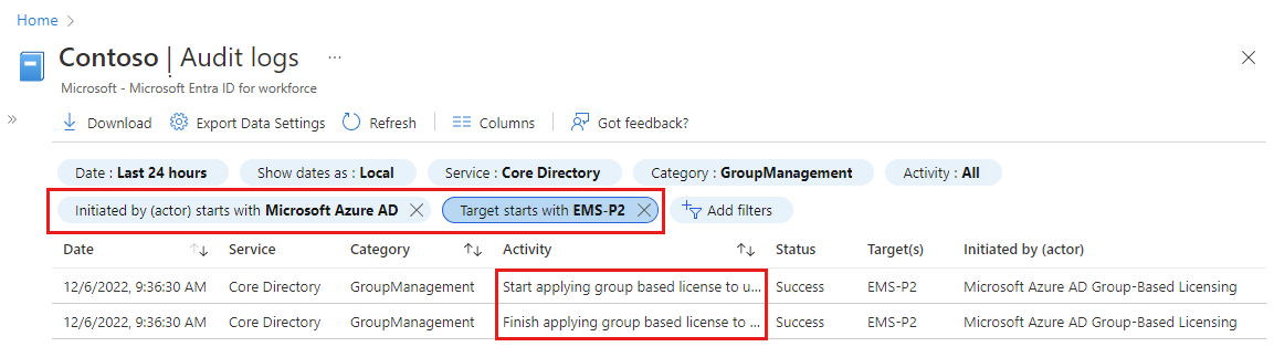 Screenshot of the Microsoft Entra audit log filters and start and end times of license changes.