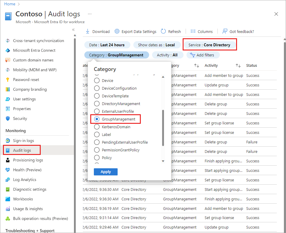 Screenshot of the Microsoft Entra audit logs with Core Directory and GroupManagement filter options highlighted.