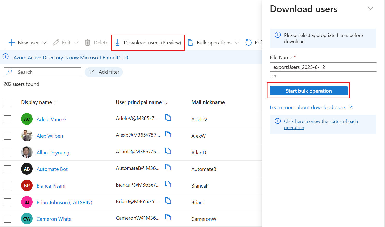 Screenshot of the Download users option