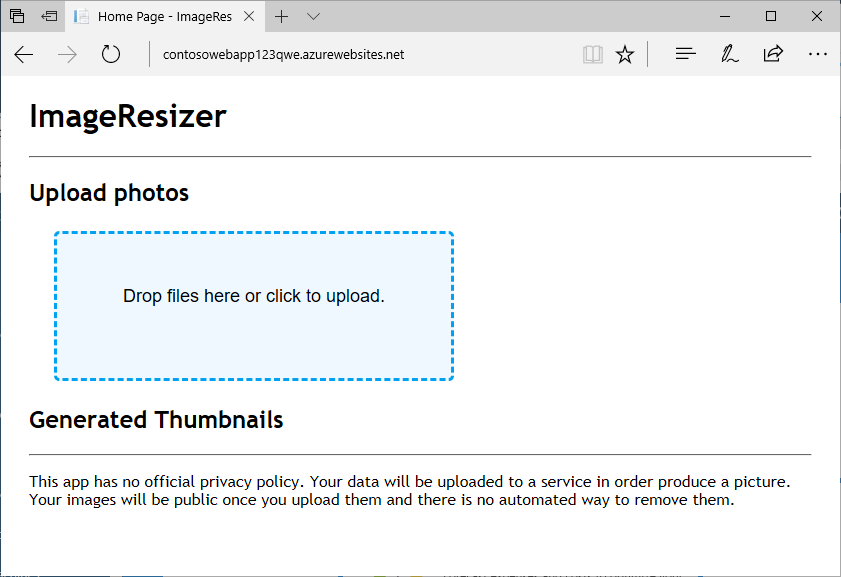 Screenshot of the page to upload photos in the Image Resizer .NET app.