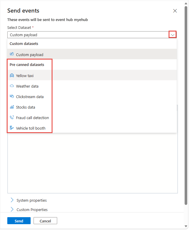 Screenshot showing the send event experience for precanned datasets.