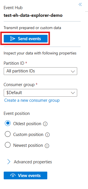 Screenshot showing the data explorer pane with 'Send events' selected.